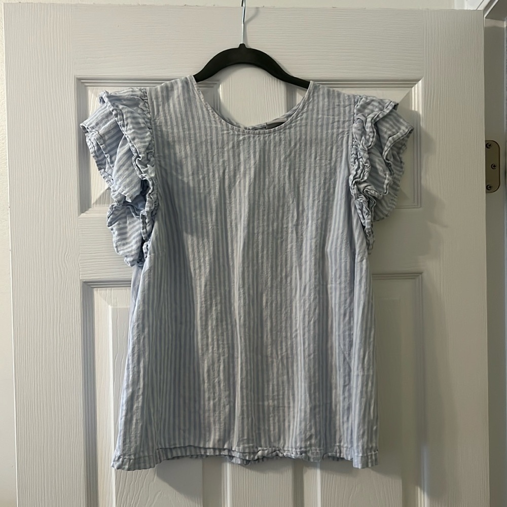 Blue striped blouse with flutter sleeves